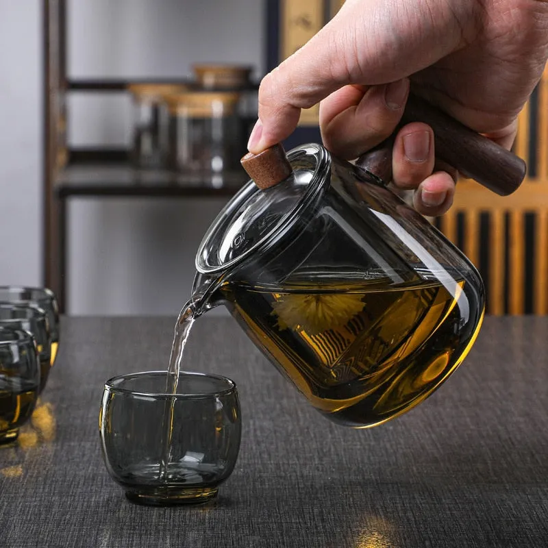 Glass Teapot Wood Handle Tea Ceremony Transparent Set Cup