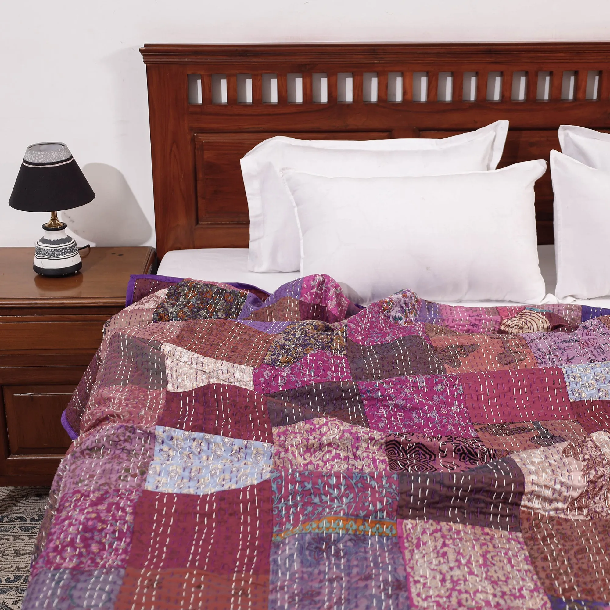 Khambadiya Tagai Patchwork Silk Cotton Quilt / Gudri / Blanket (108 x 90 in)