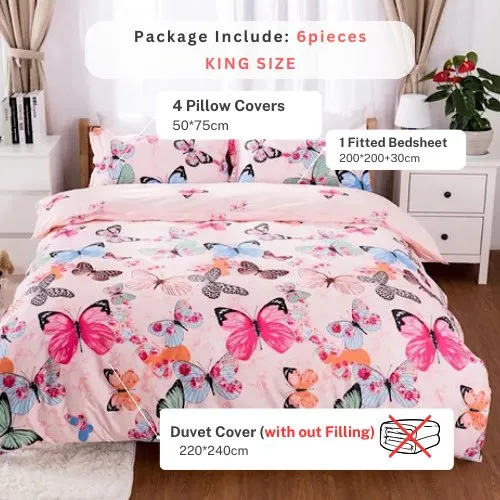 King size 6 pieces Bedding set Without Filler, Pink Butterfly design.