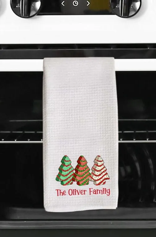 Kitchen Tea Towel with Family Name and Row of Christmas Trees Towel - Tea Towel - Bar Towel Gift for Home Holiday Gift Hostess Gifts