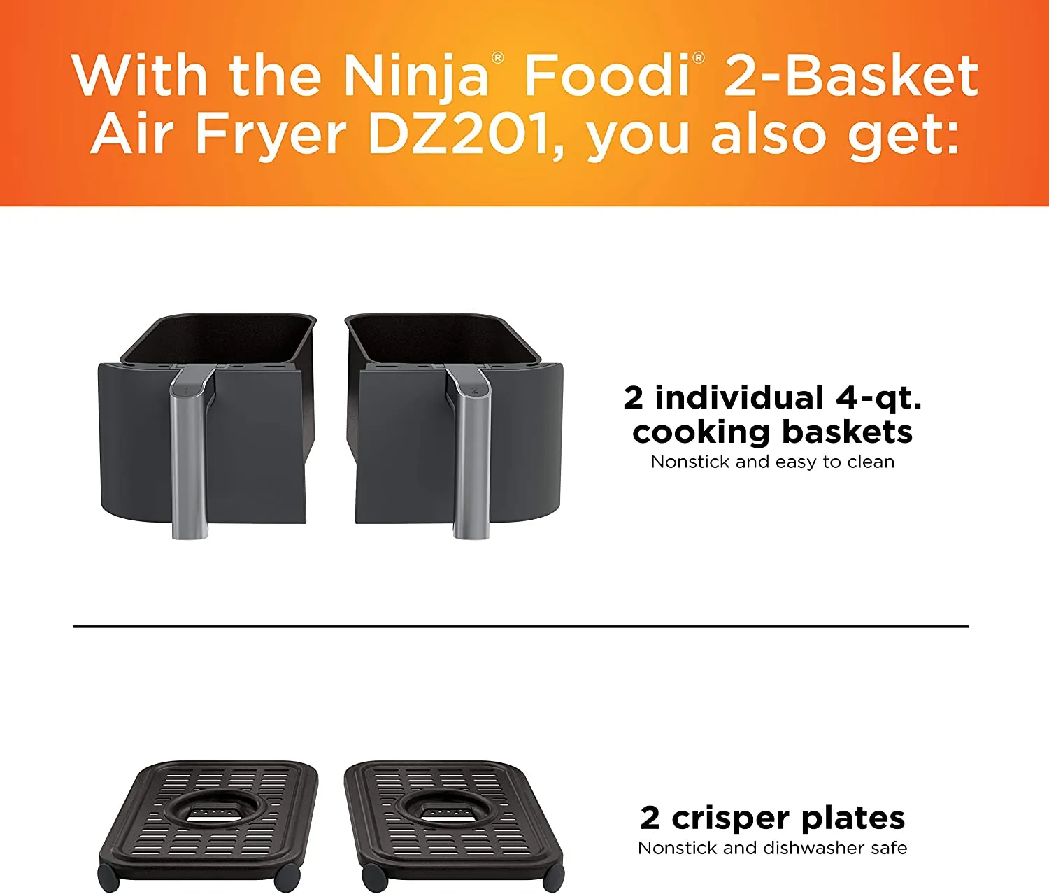 Ninja DZ201 Foodi 8 Quart 6-in-1 DualZone 2-Basket Air Fryer with 2 Independent Frying Baskets, Match Cook & Smart Finish to Roast, Broil, Dehydrate & More for Quick, Easy Meals (DZ201)