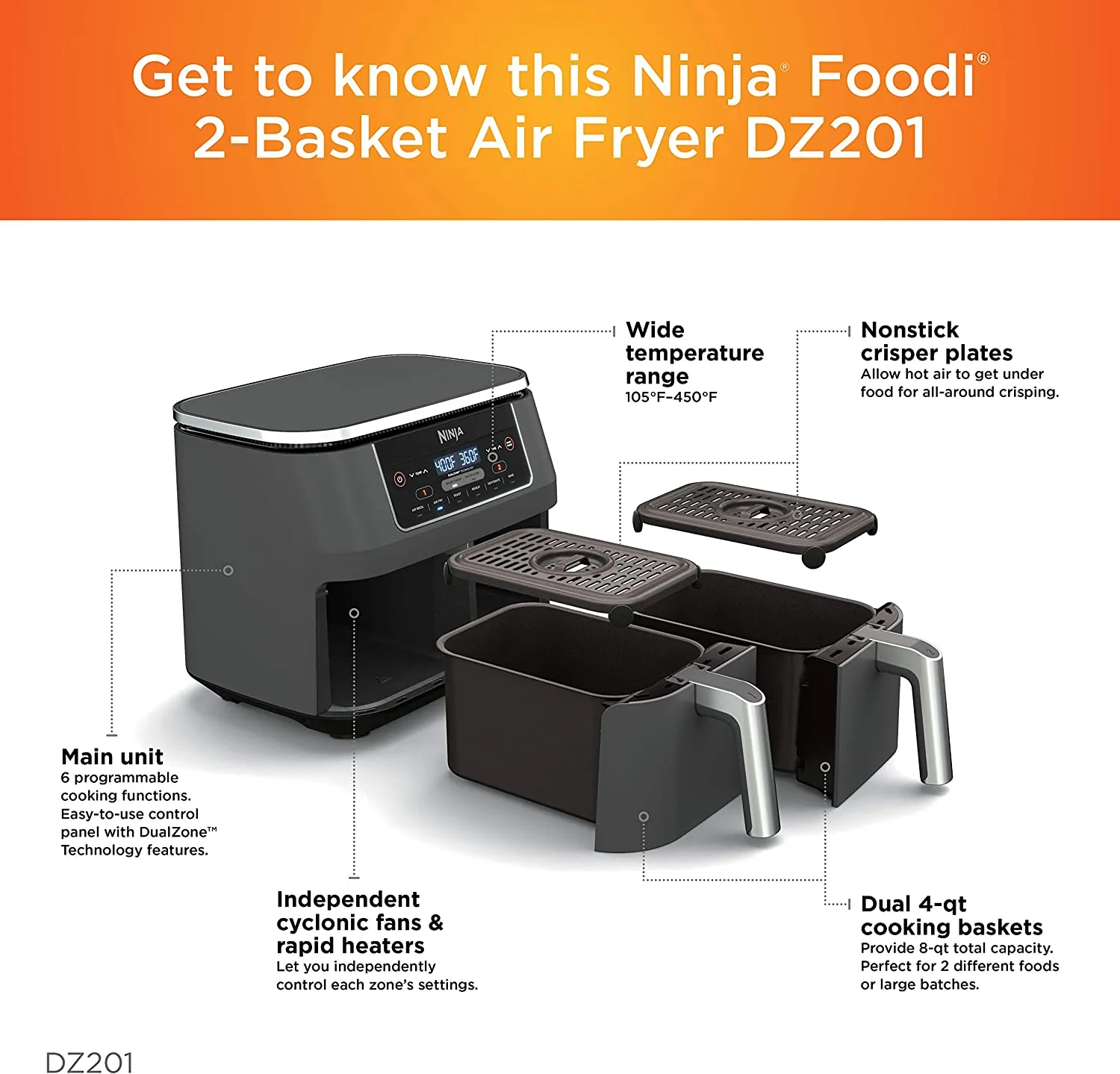 Ninja DZ201 Foodi 8 Quart 6-in-1 DualZone 2-Basket Air Fryer with 2 Independent Frying Baskets, Match Cook & Smart Finish to Roast, Broil, Dehydrate & More for Quick, Easy Meals (DZ201)