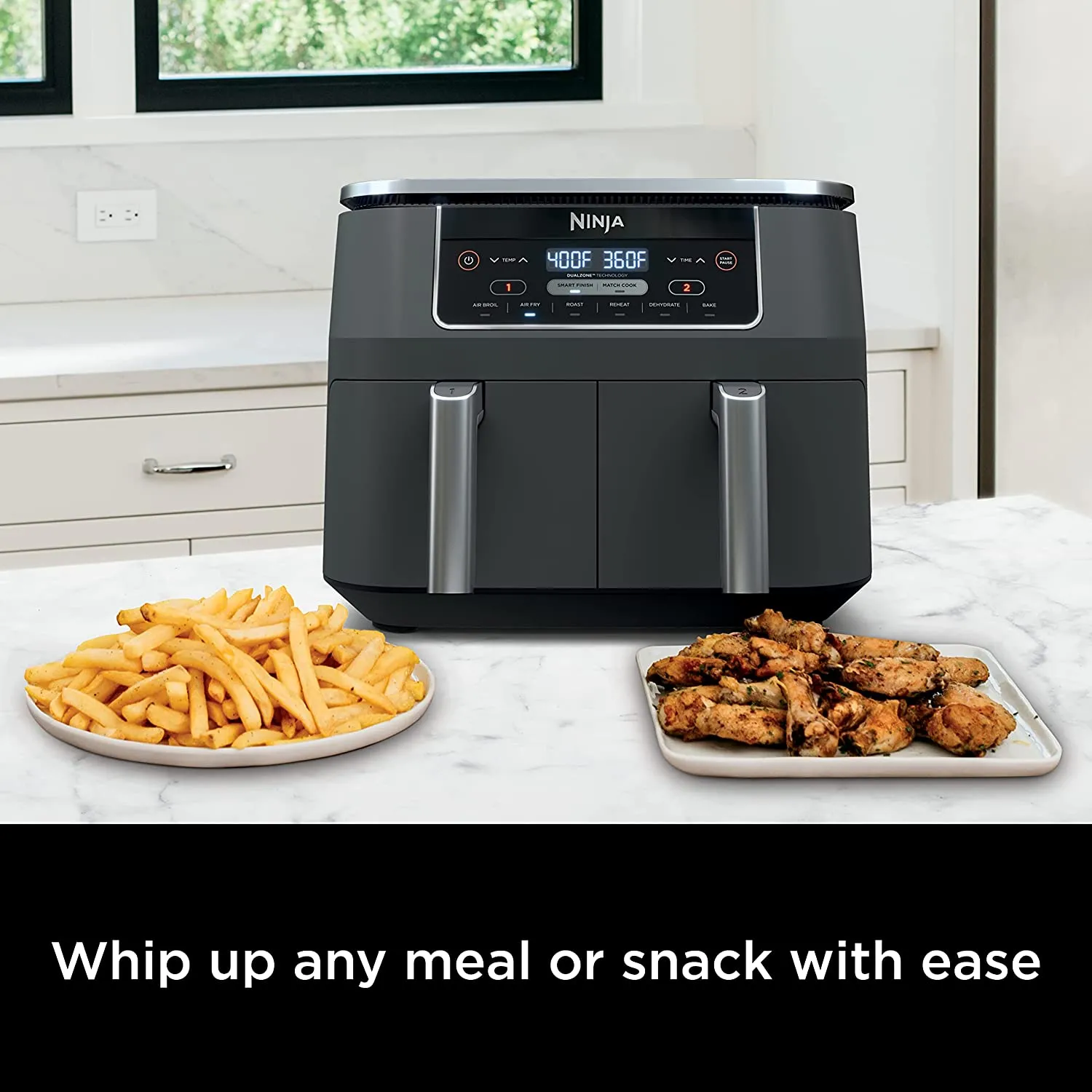 Ninja DZ201 Foodi 8 Quart 6-in-1 DualZone 2-Basket Air Fryer with 2 Independent Frying Baskets, Match Cook & Smart Finish to Roast, Broil, Dehydrate & More for Quick, Easy Meals (DZ201)