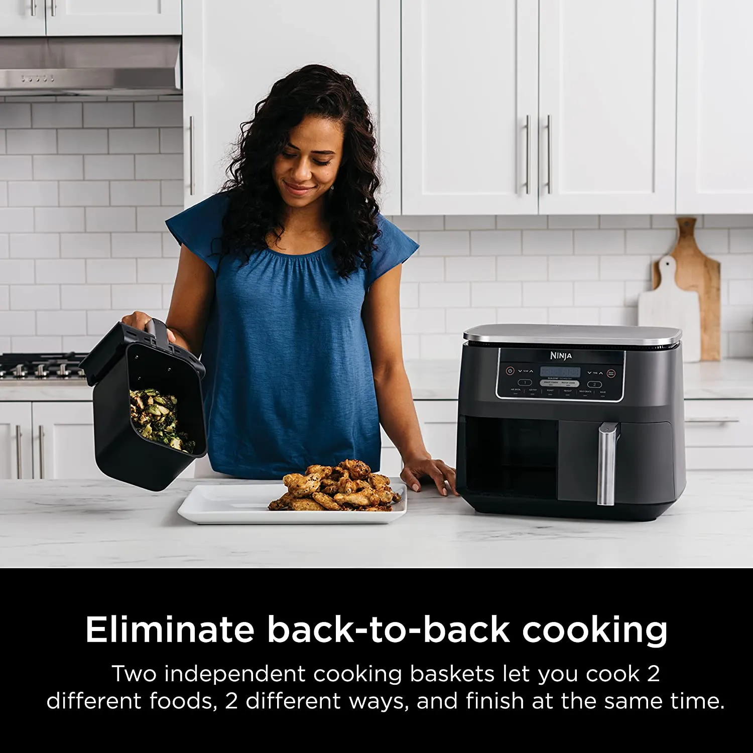 Ninja DZ201 Foodi 8 Quart 6-in-1 DualZone 2-Basket Air Fryer with 2 Independent Frying Baskets, Match Cook & Smart Finish to Roast, Broil, Dehydrate & More for Quick, Easy Meals (DZ201)