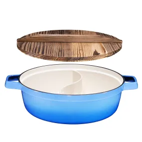 Non-Stick 2-In-1 Cast Iron Enameled Shabu Shabu Hot Pot with Wooden Lid  Heavy Duty 5