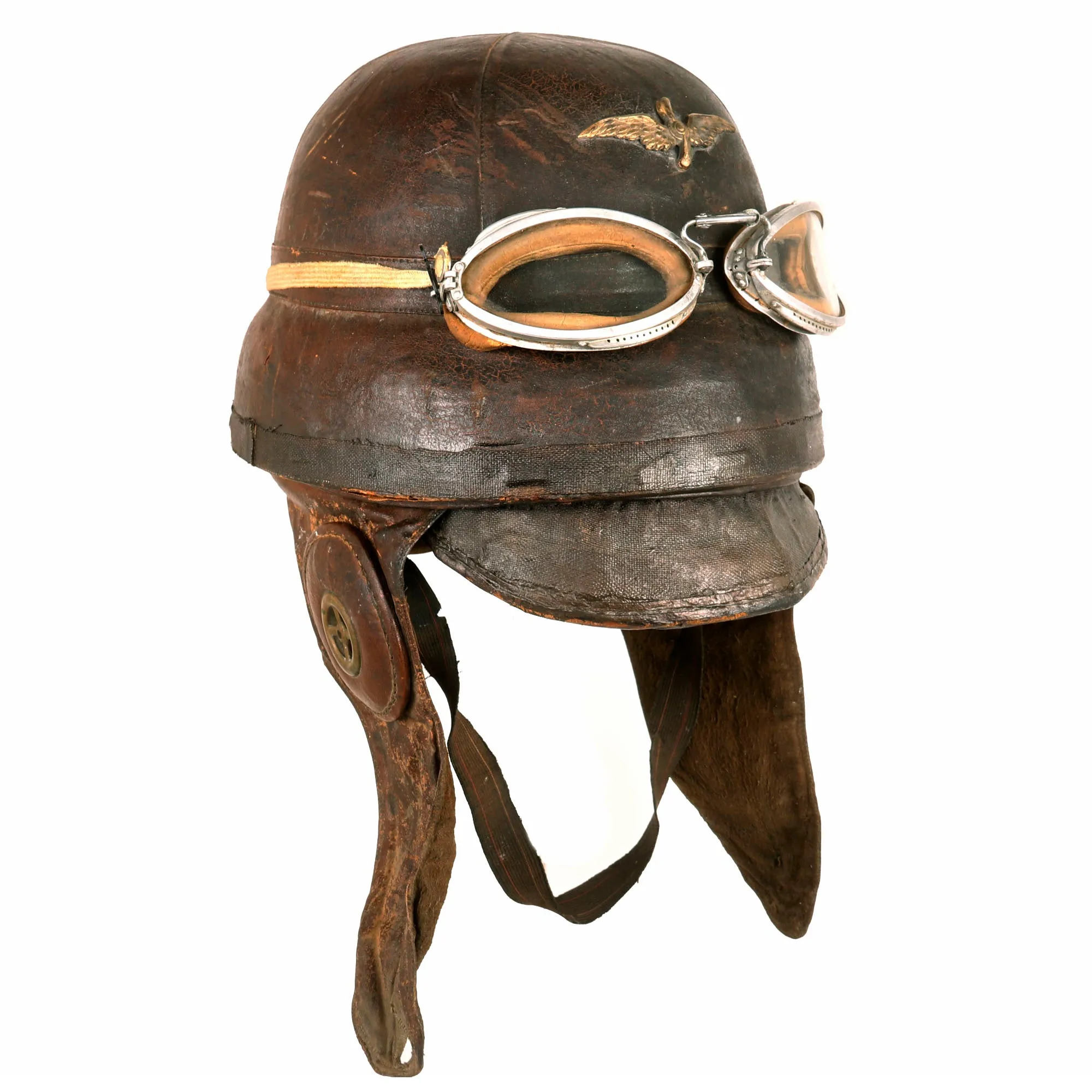 Original French WWI Armée de l'Air Air Force Roold Aviation Crash Helmet With Original Period Applied Insignia, Correct Ear Pieces, Intact Label and American Luxor Goggles - Casque d’Aviateur