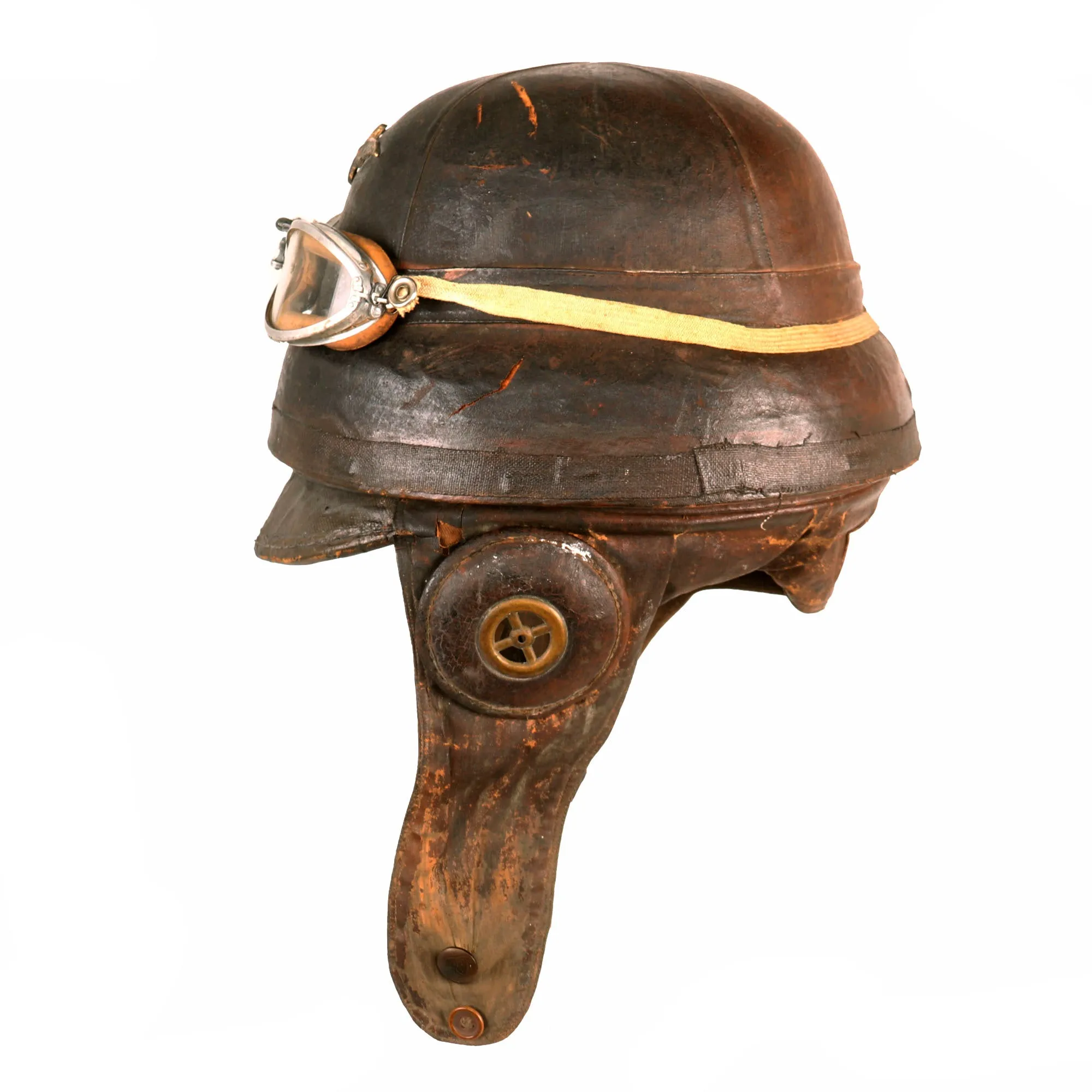 Original French WWI Armée de l'Air Air Force Roold Aviation Crash Helmet With Original Period Applied Insignia, Correct Ear Pieces, Intact Label and American Luxor Goggles - Casque d’Aviateur