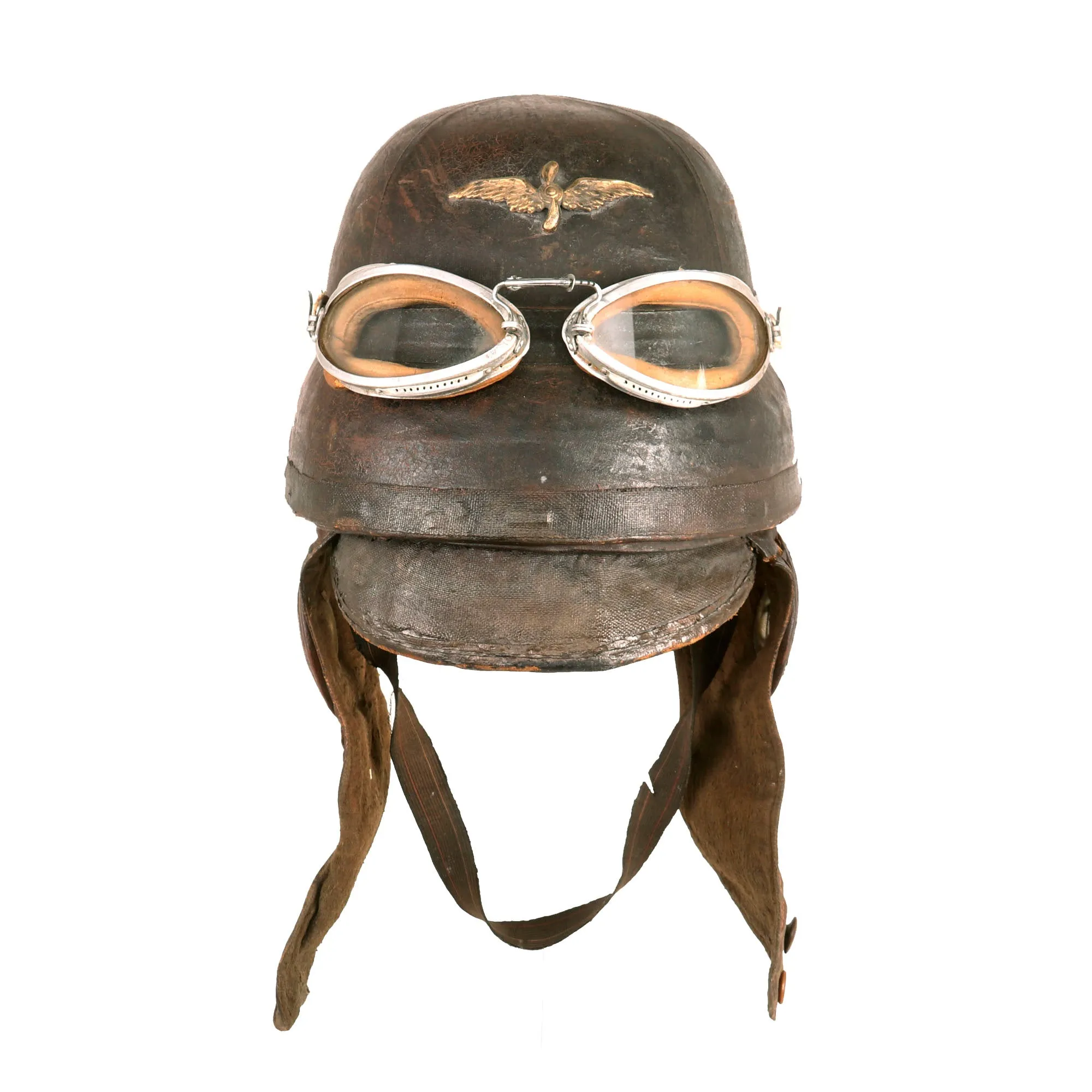 Original French WWI Armée de l'Air Air Force Roold Aviation Crash Helmet With Original Period Applied Insignia, Correct Ear Pieces, Intact Label and American Luxor Goggles - Casque d’Aviateur