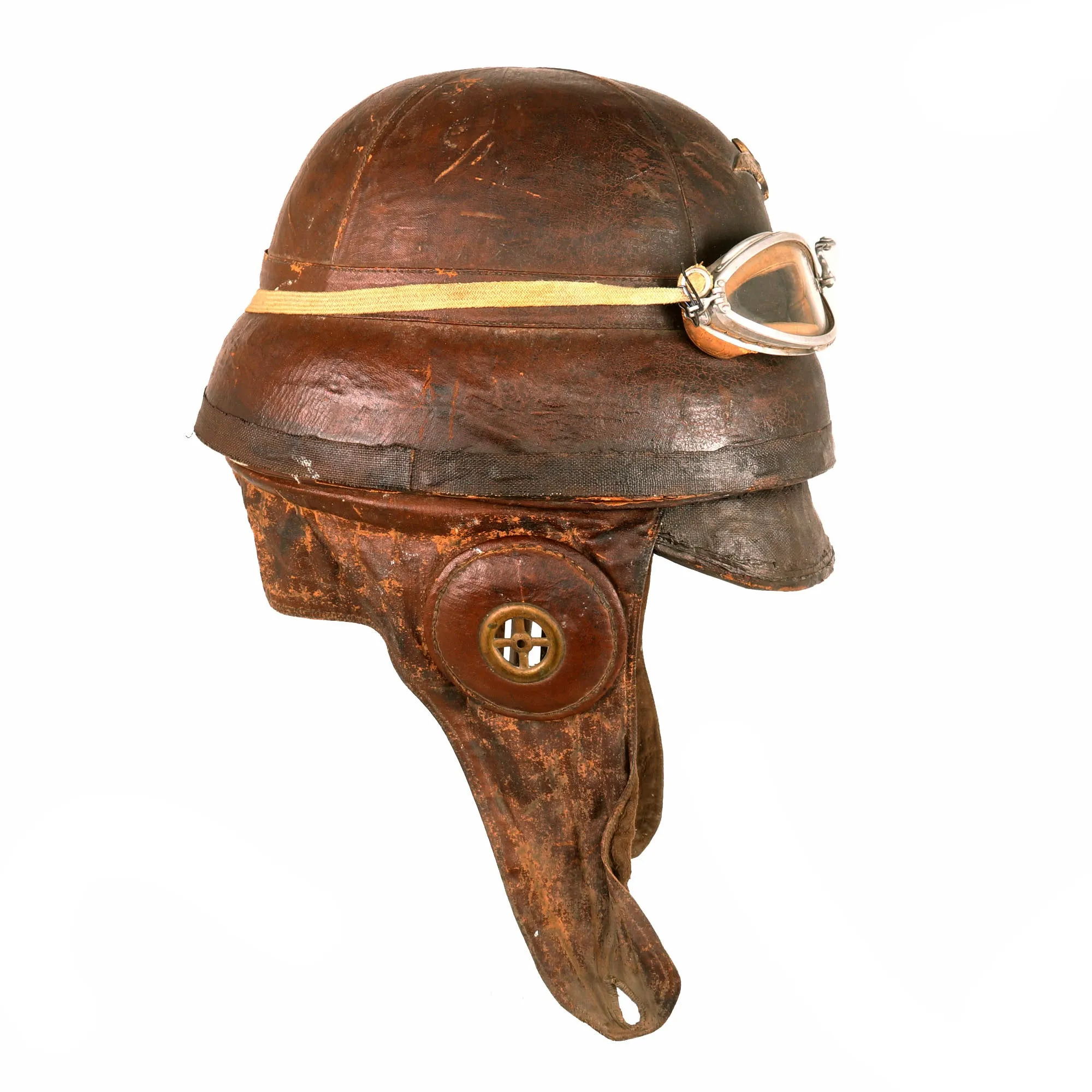 Original French WWI Armée de l'Air Air Force Roold Aviation Crash Helmet With Original Period Applied Insignia, Correct Ear Pieces, Intact Label and American Luxor Goggles - Casque d’Aviateur