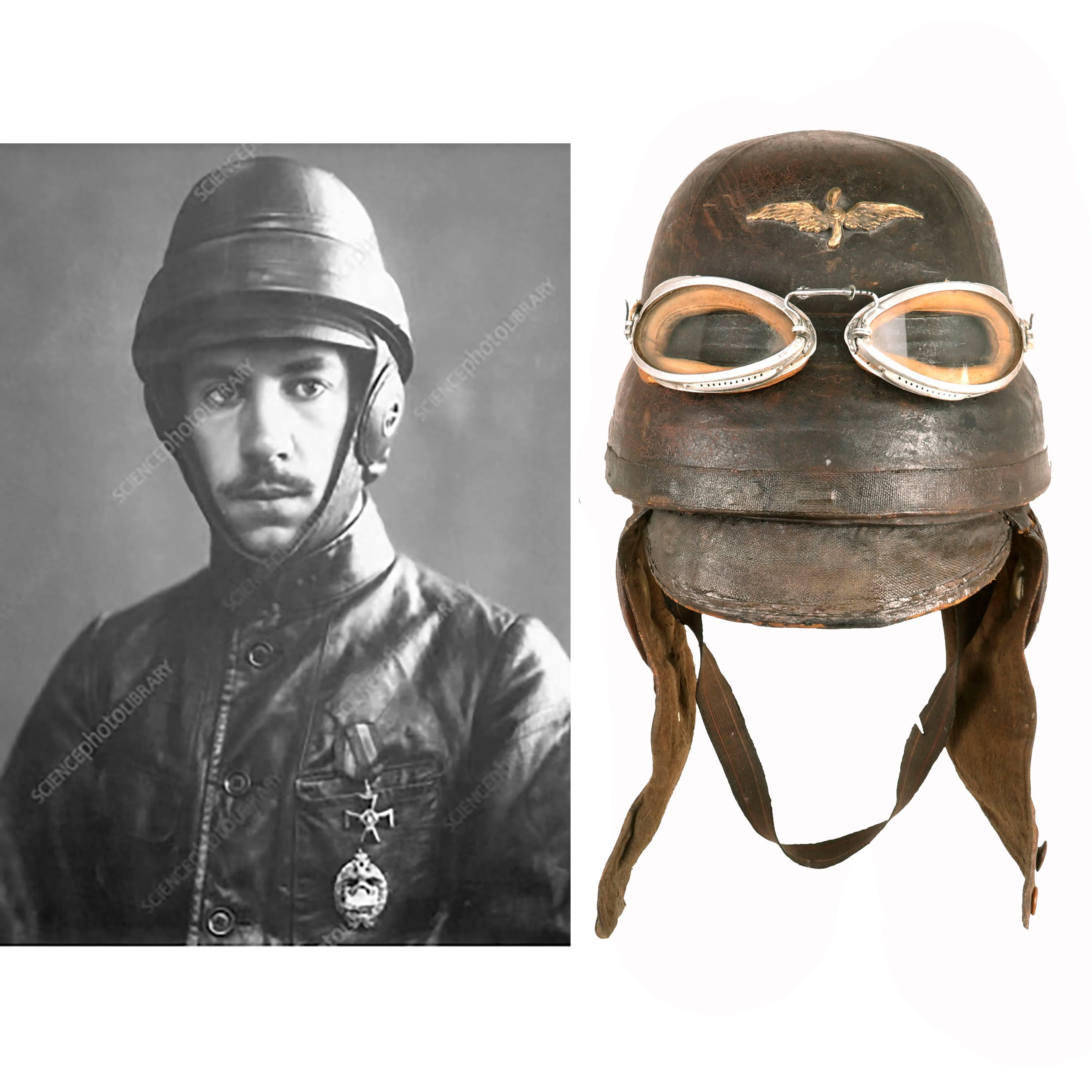 Original French WWI Armée de l'Air Air Force Roold Aviation Crash Helmet With Original Period Applied Insignia, Correct Ear Pieces, Intact Label and American Luxor Goggles - Casque d’Aviateur