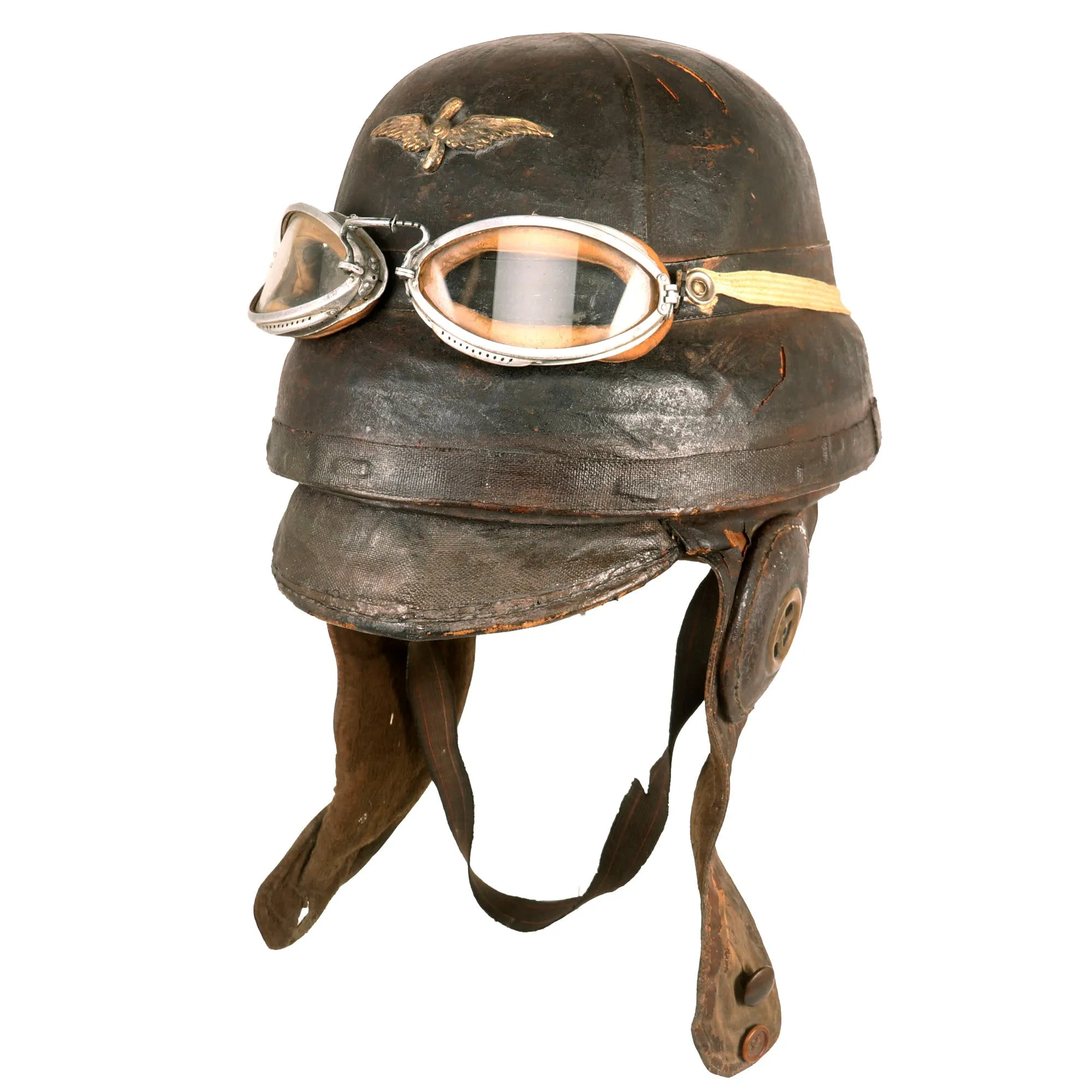 Original French WWI Armée de l'Air Air Force Roold Aviation Crash Helmet With Original Period Applied Insignia, Correct Ear Pieces, Intact Label and American Luxor Goggles - Casque d’Aviateur