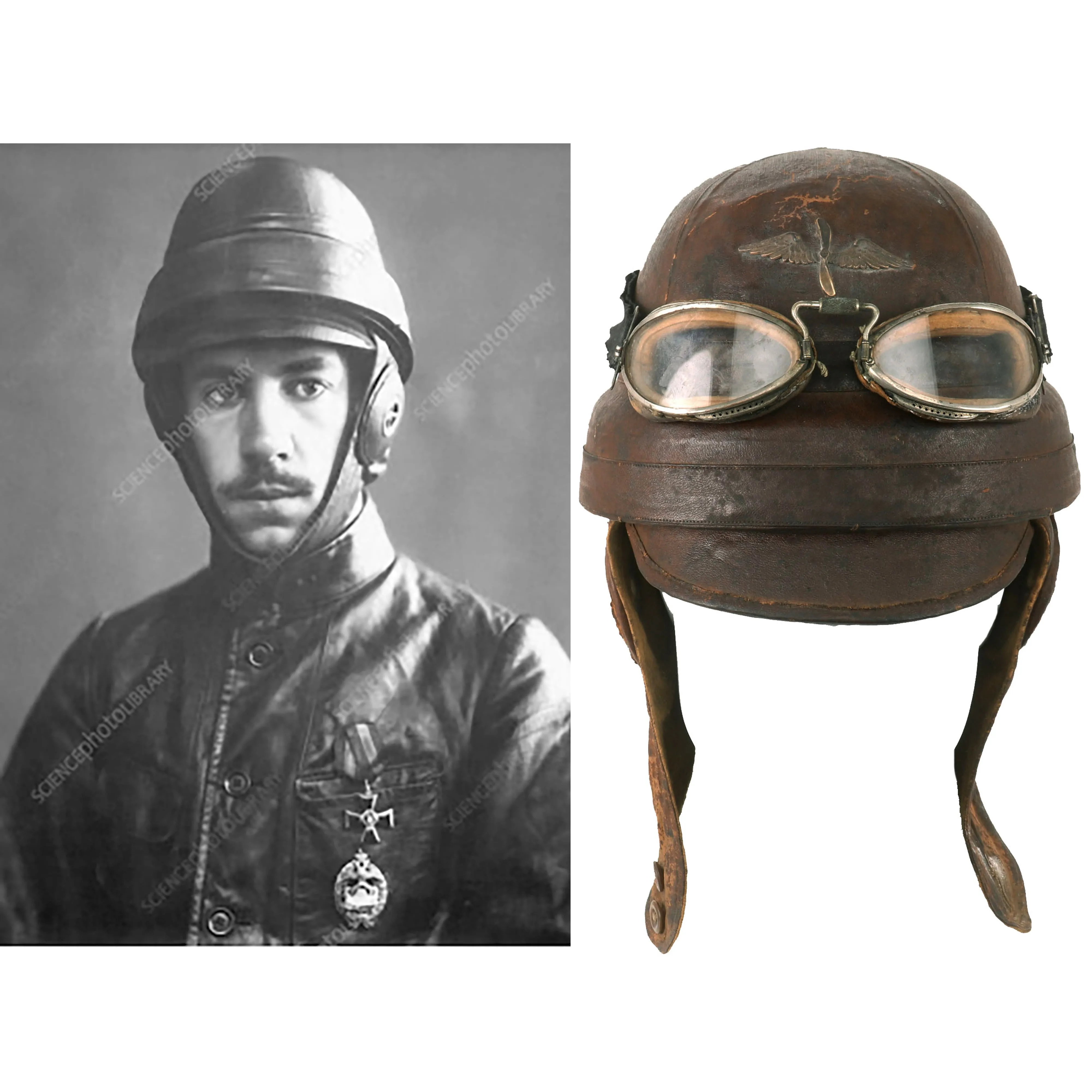 Original French WWI Armée de l'Air Air Force Roold Aviation Crash Helmet With Original Period Applied Insignia, Correct Ear Pieces, Intact Label and Goggles - Casque d’Aviateur