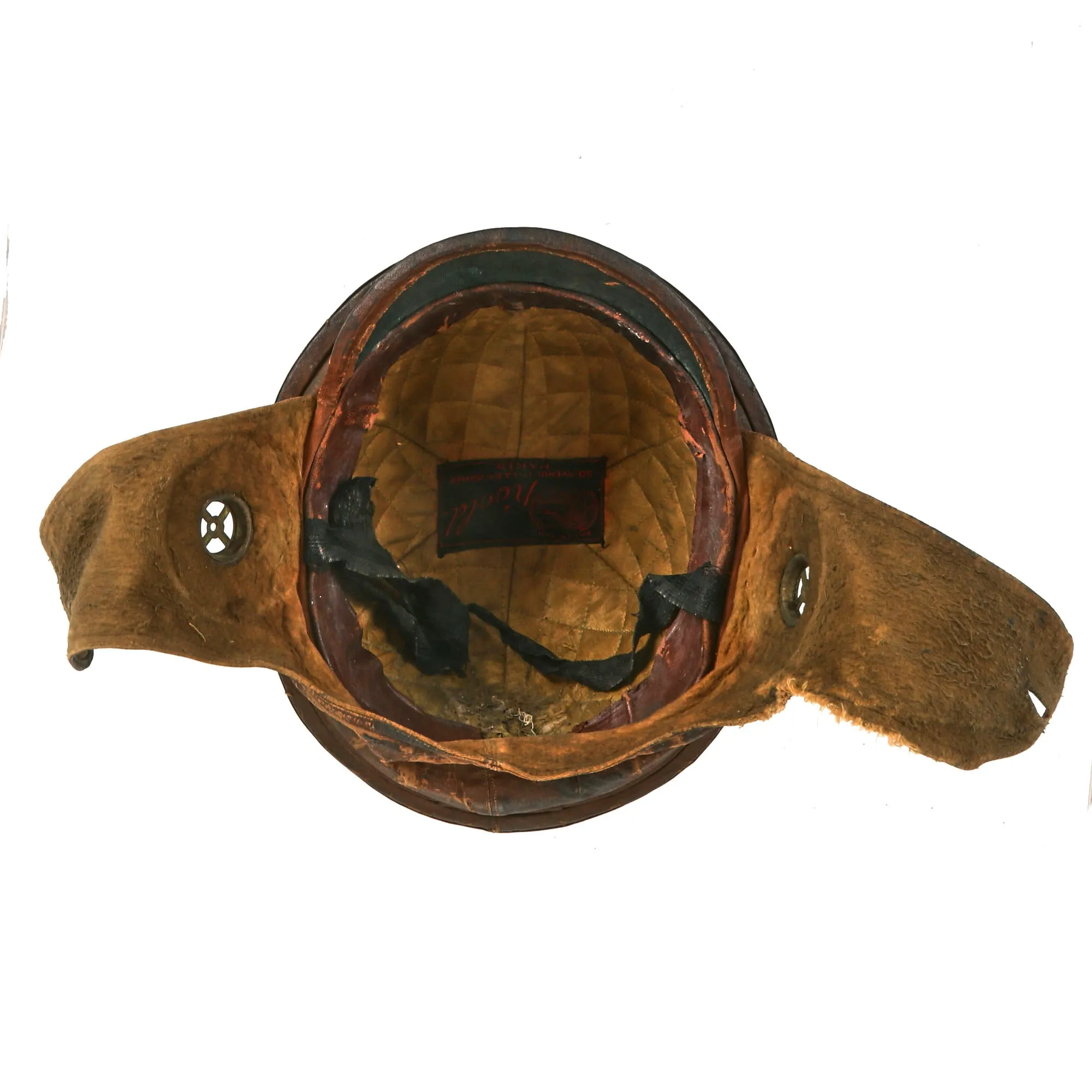 Original French WWI Armée de l'Air Air Force Roold Aviation Crash Helmet With Original Period Applied Insignia, Correct Ear Pieces, Intact Label and Goggles - Casque d’Aviateur