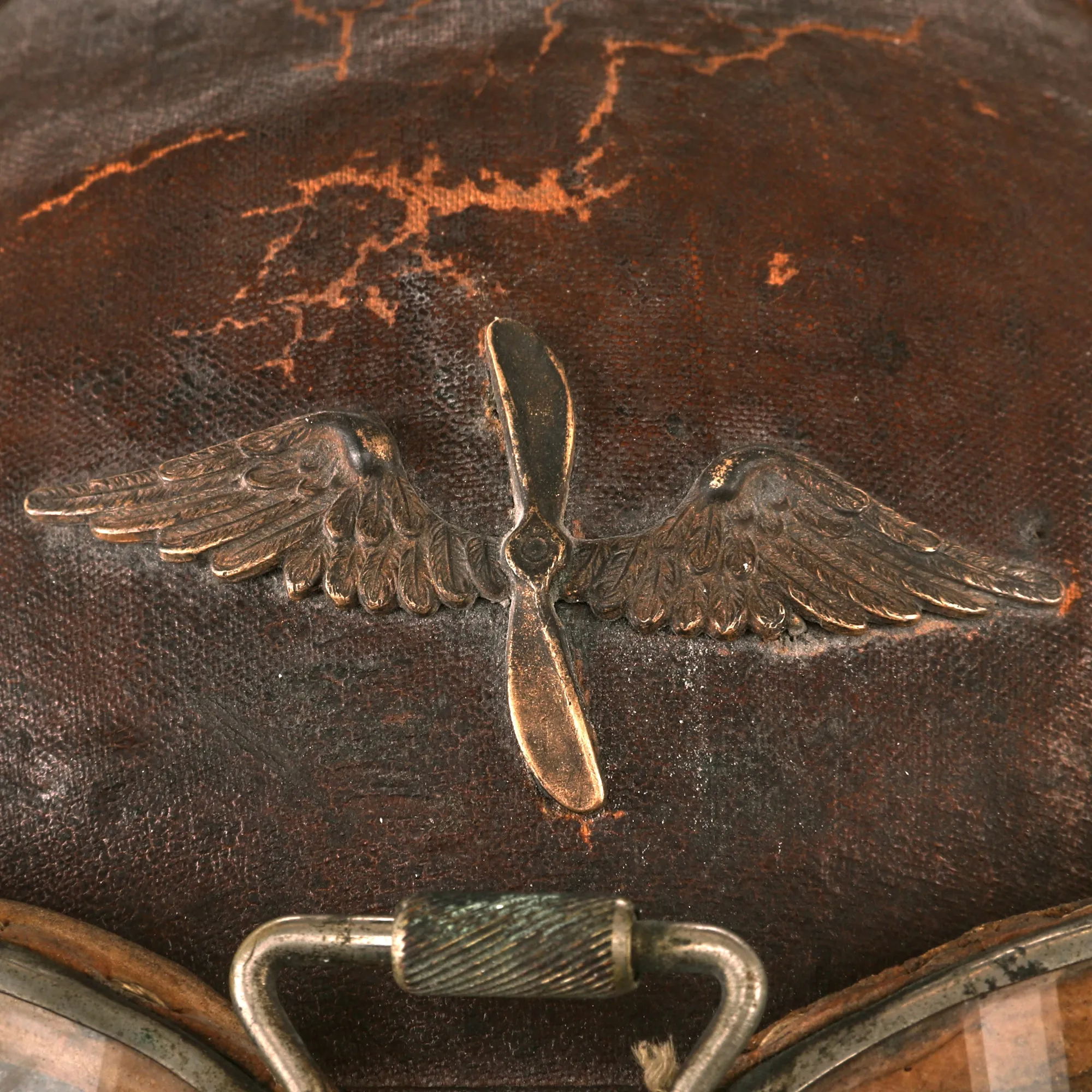 Original French WWI Armée de l'Air Air Force Roold Aviation Crash Helmet With Original Period Applied Insignia, Correct Ear Pieces, Intact Label and Goggles - Casque d’Aviateur