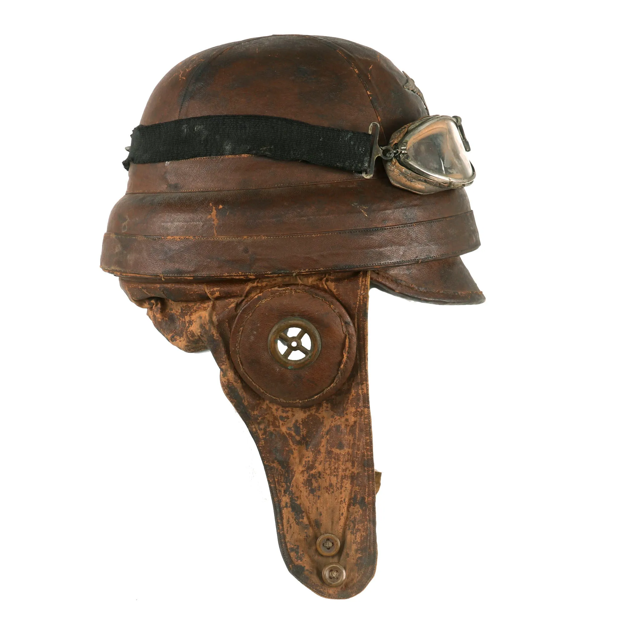 Original French WWI Armée de l'Air Air Force Roold Aviation Crash Helmet With Original Period Applied Insignia, Correct Ear Pieces, Intact Label and Goggles - Casque d’Aviateur