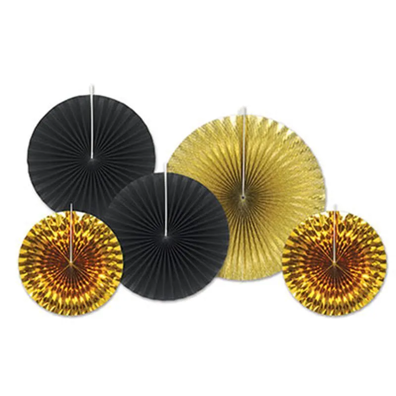 Paper Fans 5/pkg - Black/gold