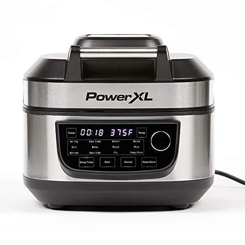 PowerXL Grill Air Fryer Combo Deluxe 6 QT 12-in-1 Indoor Grill, Air Fryer, Slow Cooker, Roast, Bake, 1550-Watts, Stainless Steel Finish