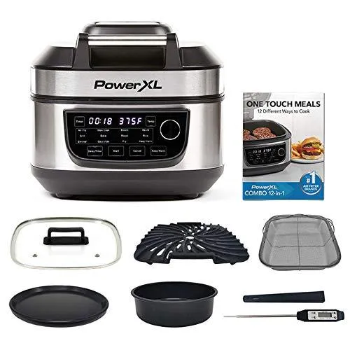 PowerXL Grill Air Fryer Combo Deluxe 6 QT 12-in-1 Indoor Grill, Air Fryer, Slow Cooker, Roast, Bake, 1550-Watts, Stainless Steel Finish