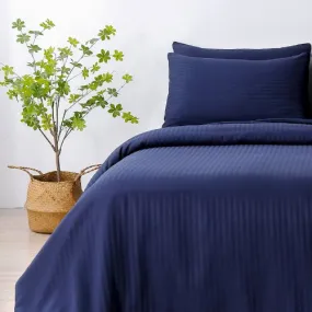 Premium Single size 4-piece bed linen, satin striped, dark blue color.