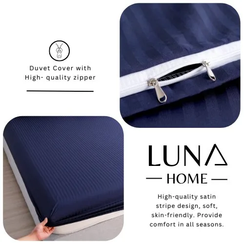 Premium Single size 4-piece bed linen, satin striped, dark blue color.