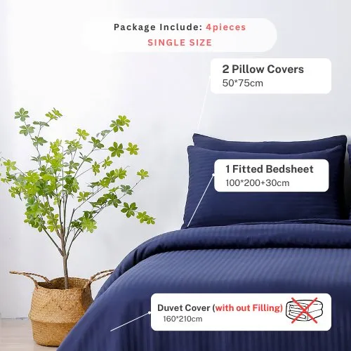 Premium Single size 4-piece bed linen, satin striped, dark blue color.