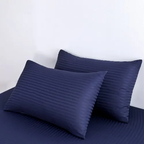 Premium Single size 4-piece bed linen, satin striped, dark blue color.