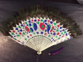 Qing Dynasty Vintage Painted Feather and Peacock Feather Fan