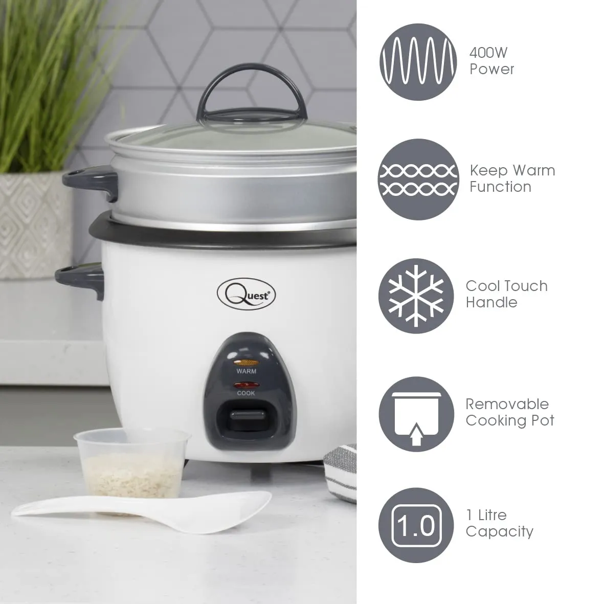 Quest 400W Rice Cooker & Steamer with Keep Warm Function, 1L/Non-Stick Inner Pot/Cooks Rice & Makes Healthy Steamed Vegetables/Includes Spatula & Measuring Cup