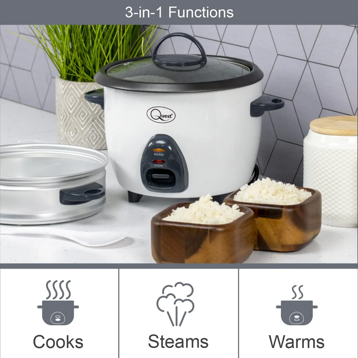 Quest 400W Rice Cooker & Steamer with Keep Warm Function, 1L/Non-Stick Inner Pot/Cooks Rice & Makes Healthy Steamed Vegetables/Includes Spatula & Measuring Cup