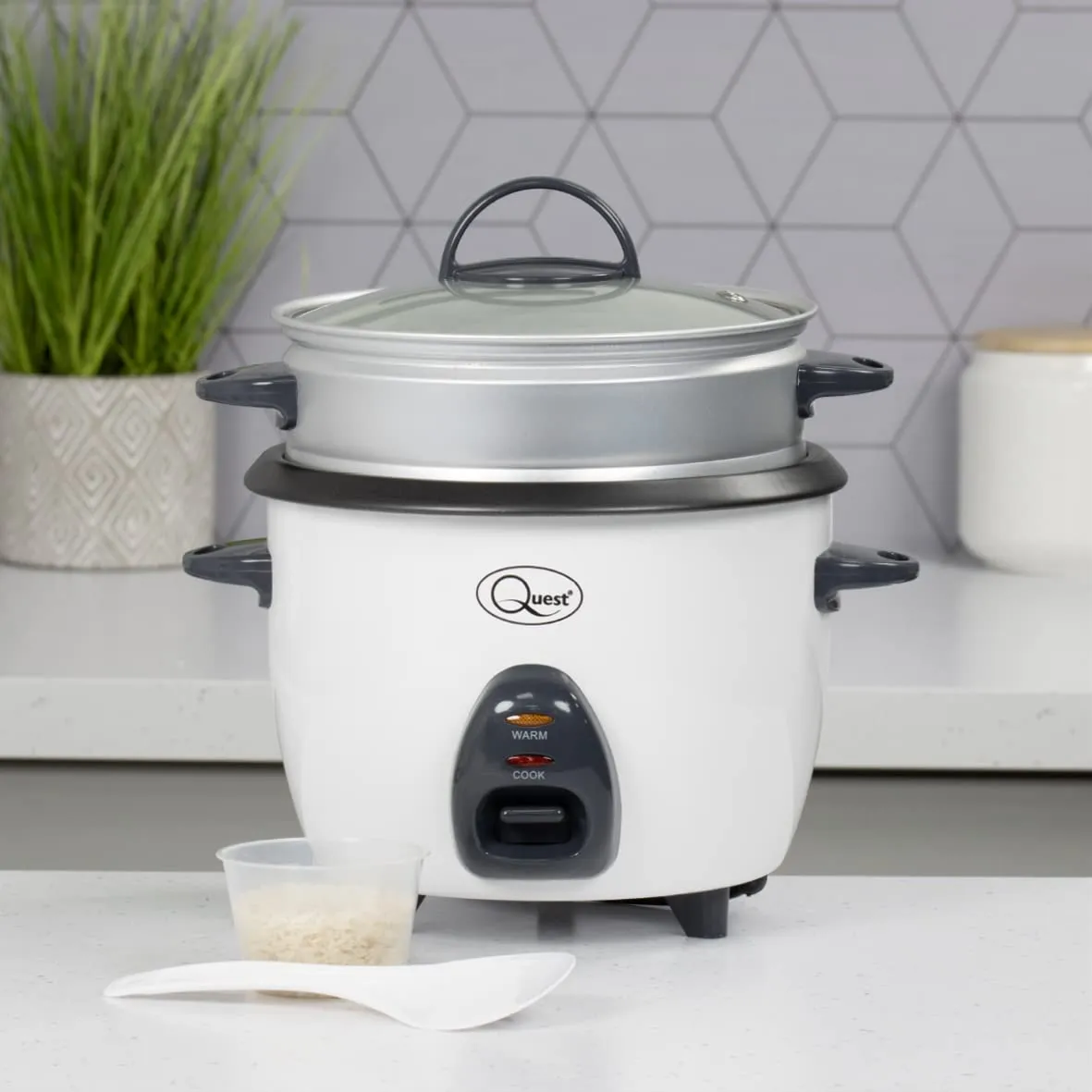 Quest 400W Rice Cooker & Steamer with Keep Warm Function, 1L/Non-Stick Inner Pot/Cooks Rice & Makes Healthy Steamed Vegetables/Includes Spatula & Measuring Cup