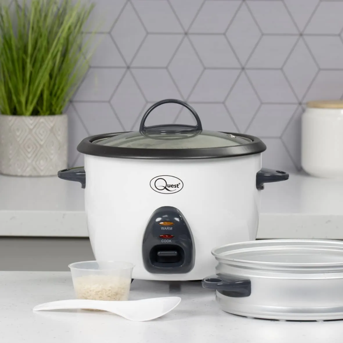 Quest 400W Rice Cooker & Steamer with Keep Warm Function, 1L/Non-Stick Inner Pot/Cooks Rice & Makes Healthy Steamed Vegetables/Includes Spatula & Measuring Cup