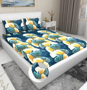 RD TREND Presents Luxurious Glace Cotton Super Soft 210 TC King Size (78X72X8 Inch) 360° Elastic Fitted Bedsheet with 2 Pillow Covers, Colour Teal Blue Pattern-Floral