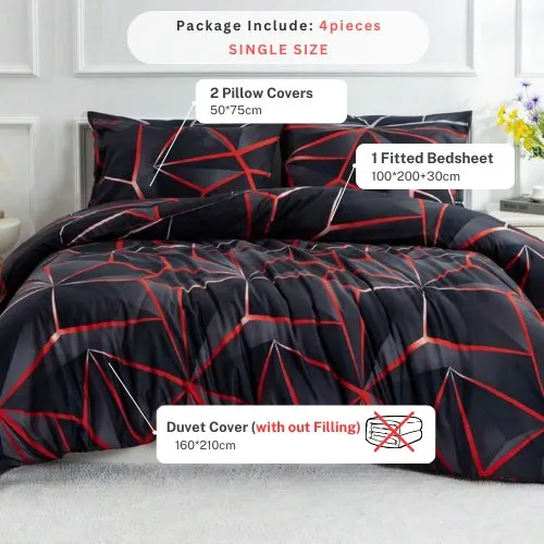 Single Size 4 pieces Bedding set, Black with Red Design Geometric.