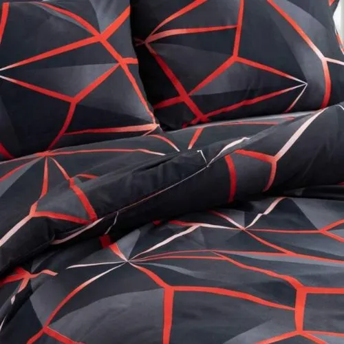 Single Size 4 pieces Bedding set, Black with Red Design Geometric.