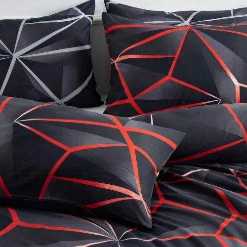 Single Size 4 pieces Bedding set, Black with Red Design Geometric.