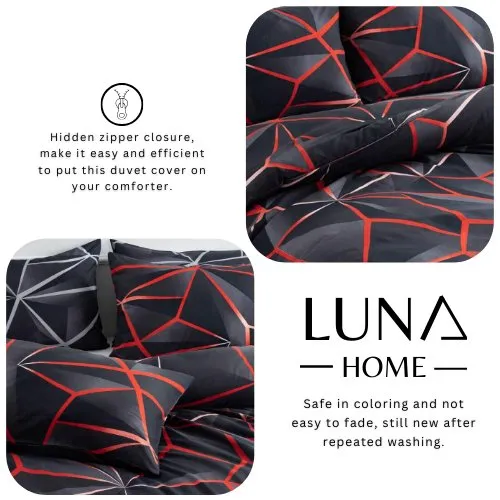 Single Size 4 pieces Bedding set, Black with Red Design Geometric.