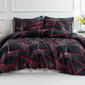 Single Size 4 pieces Bedding set, Black with Red Design Geometric.