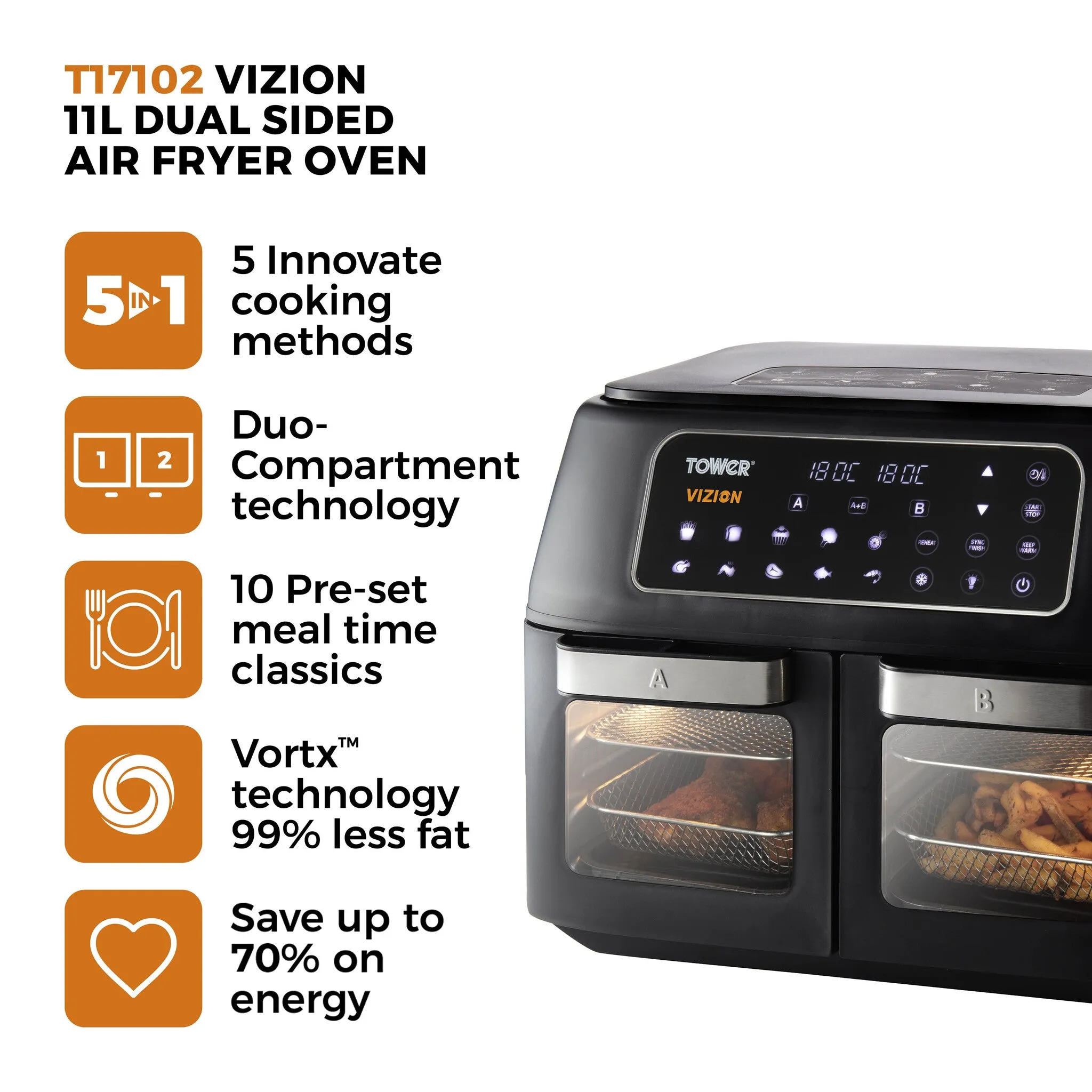 Tower Vortx Vizion 11L Double Stand-alone 2400 W Hot air fryer Black