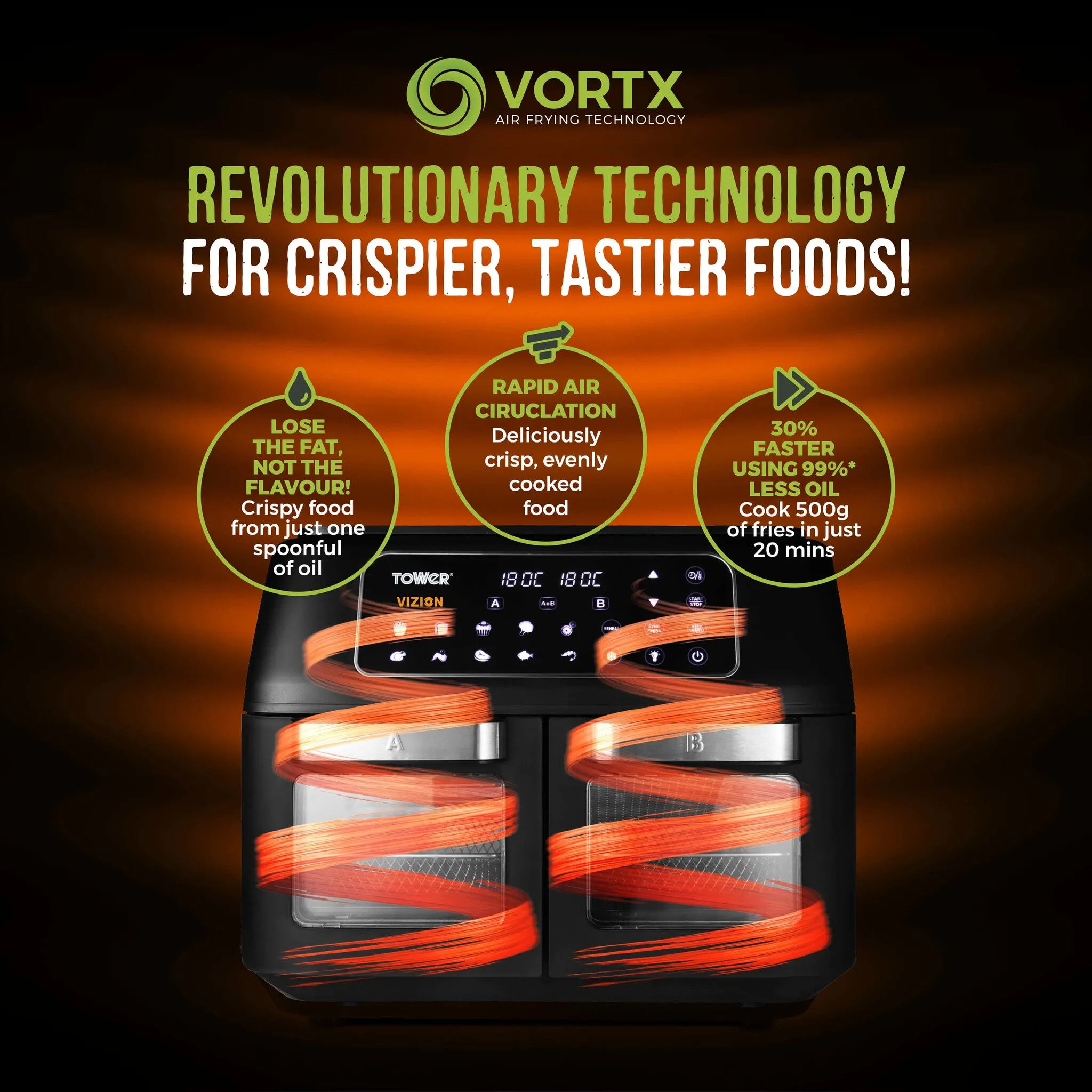 Tower Vortx Vizion 11L Double Stand-alone 2400 W Hot air fryer Black