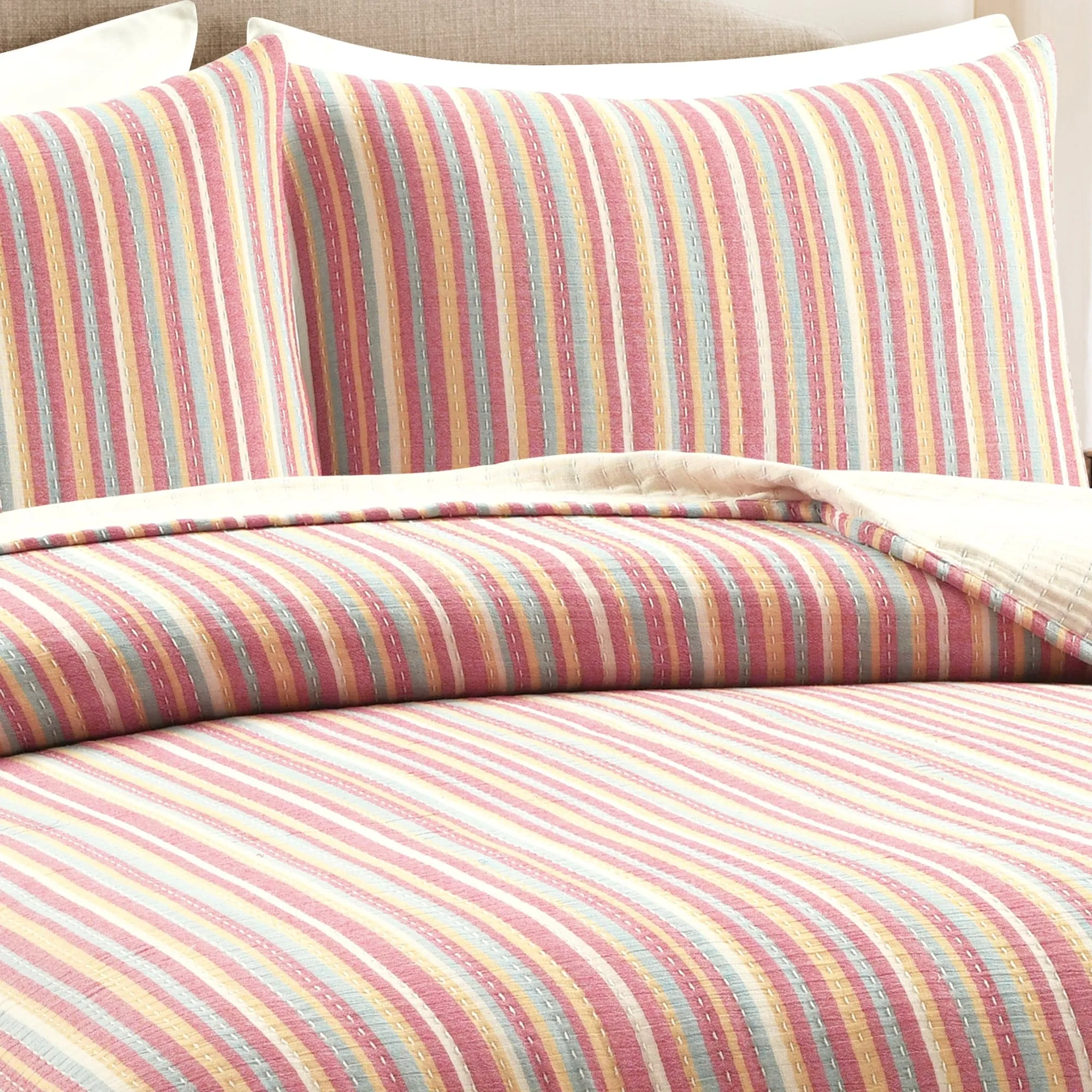 Tracy Stripe Pick Stitch Kantha Yarn Dyed Cotton Woven Quilt/Coverlet Set