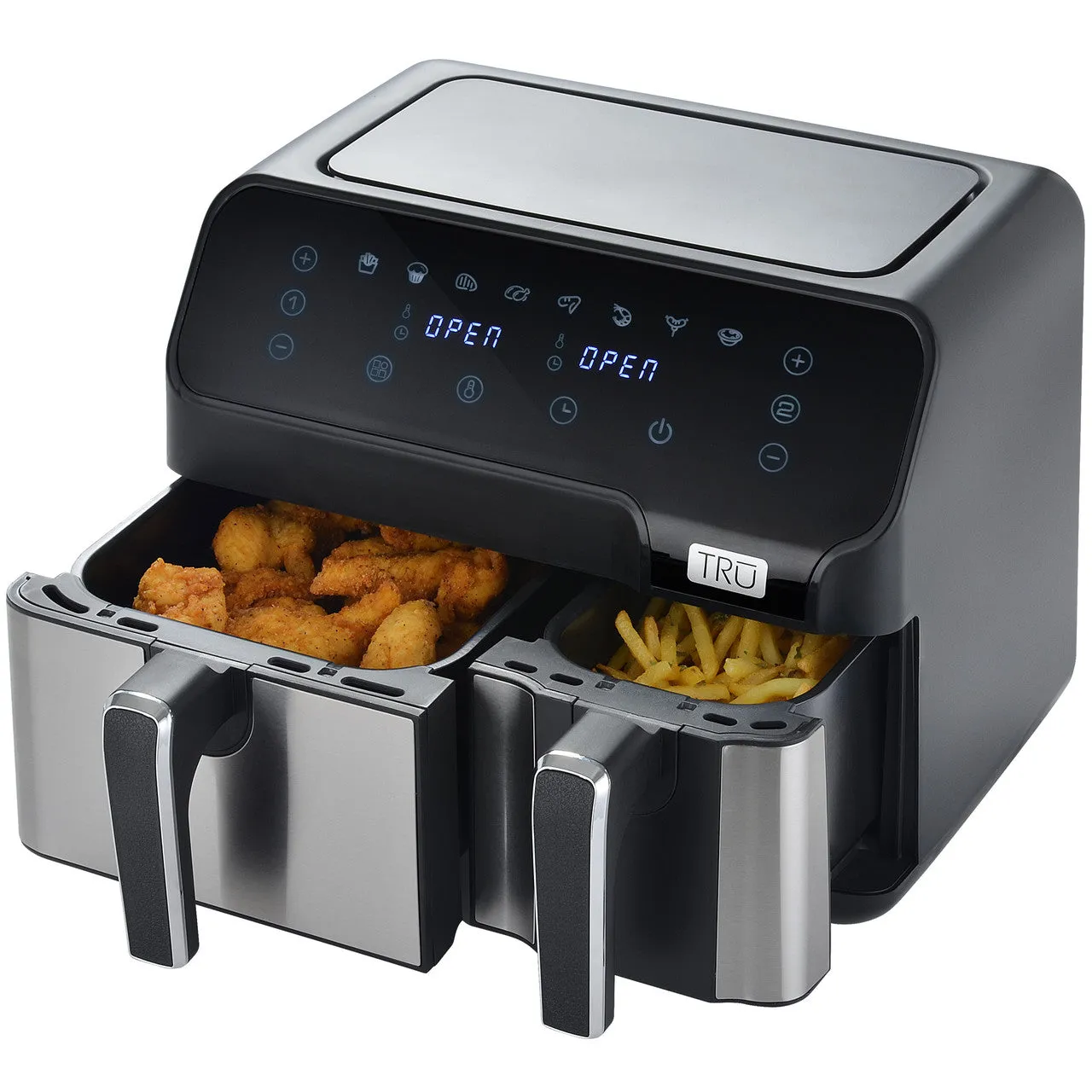 TRU 9 Quart Dual Zone 2-Basket Air Fryer Black and Stainless