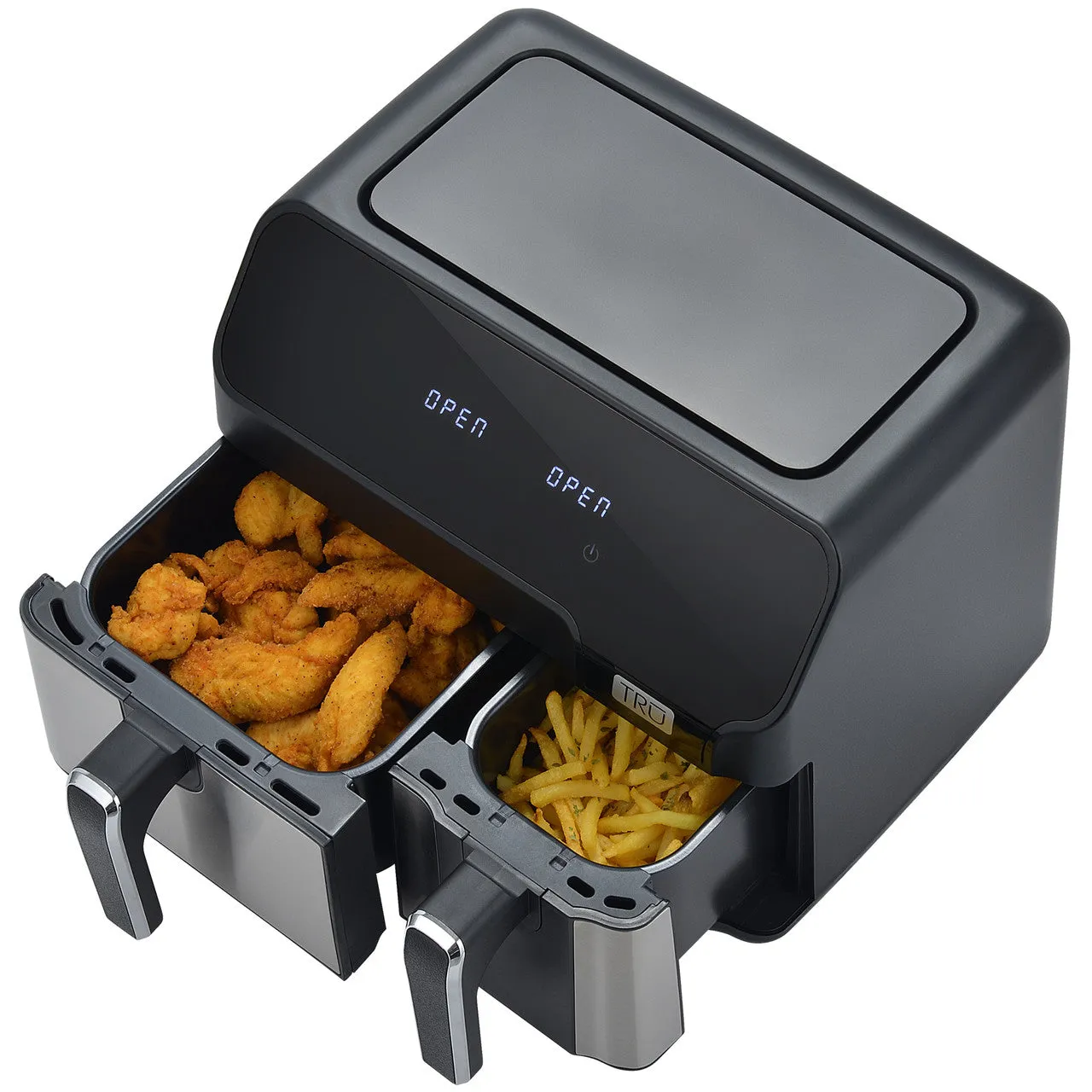 TRU 9 Quart Dual Zone 2-Basket Air Fryer Black and Stainless