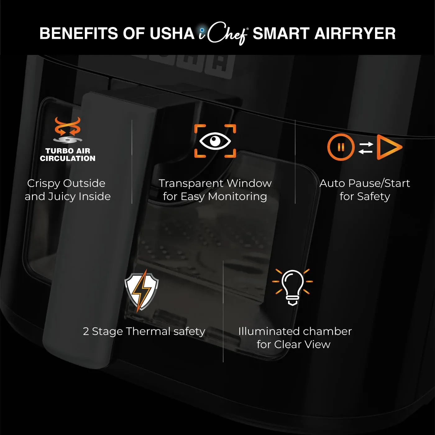 USHA Smart Air Fryer 4.5L, 10-in-1 Functions, 10 Preset Menus, Turbo Air Circulation, Auto Pause/Start for Safety, 2-Stage Thermal Safety, 2 Years Warranty (Black)