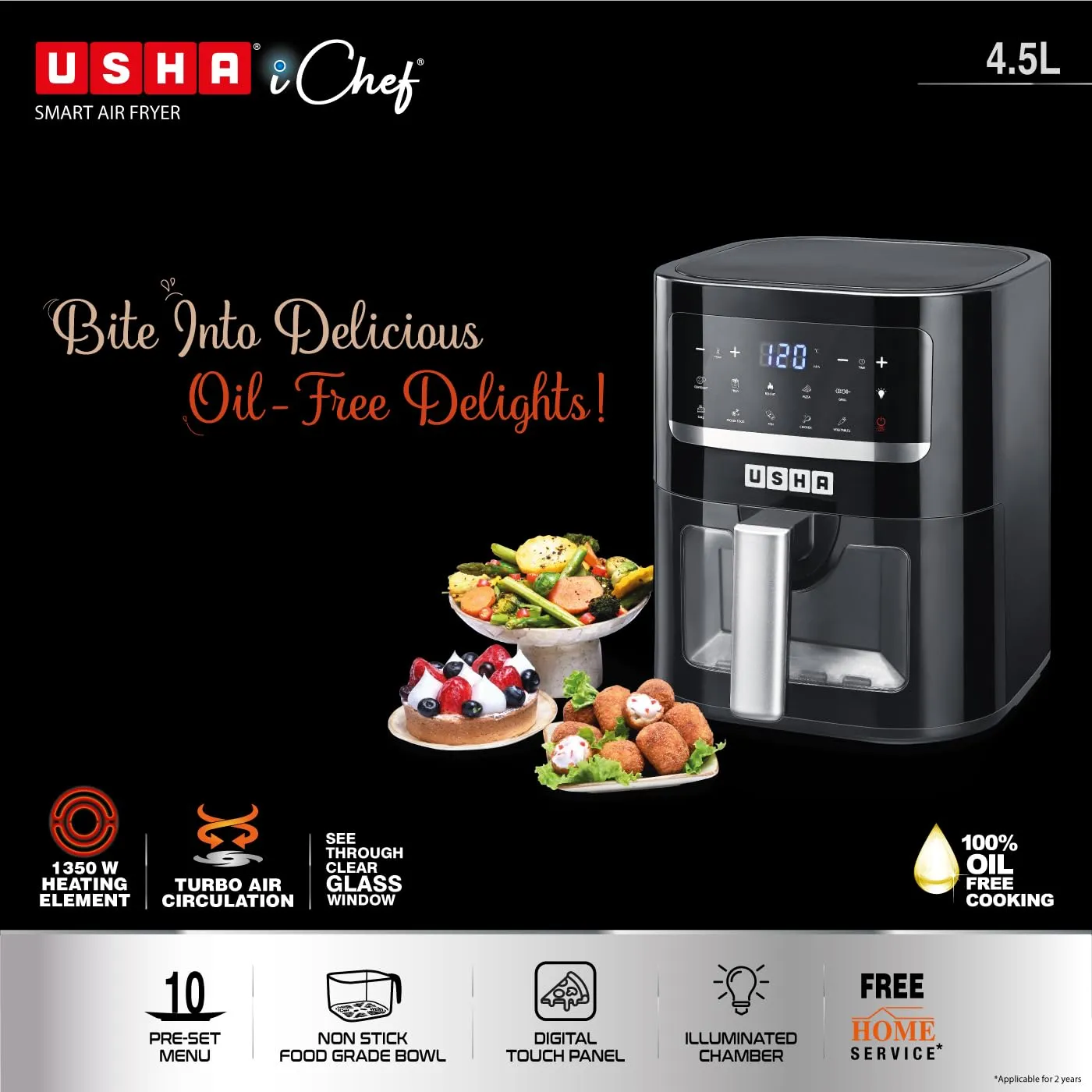 USHA Smart Air Fryer 4.5L, 10-in-1 Functions, 10 Preset Menus, Turbo Air Circulation, Auto Pause/Start for Safety, 2-Stage Thermal Safety, 2 Years Warranty (Black)