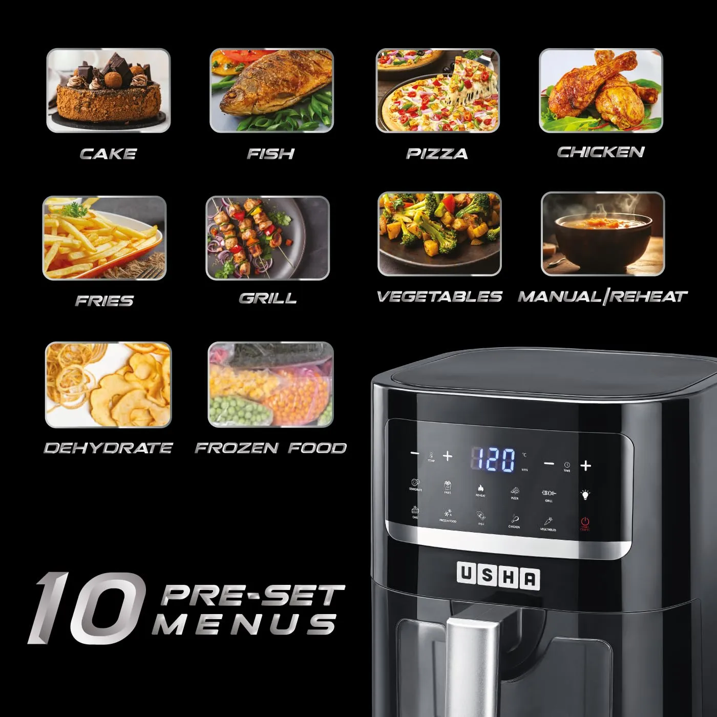 USHA Smart Air Fryer 4.5L, 10-in-1 Functions, 10 Preset Menus, Turbo Air Circulation, Auto Pause/Start for Safety, 2-Stage Thermal Safety, 2 Years Warranty (Black)