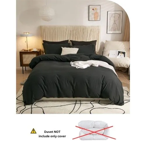 Washable Cotton 6 Piece King Size Duvet Cover Plain Design, Plain Black Color.