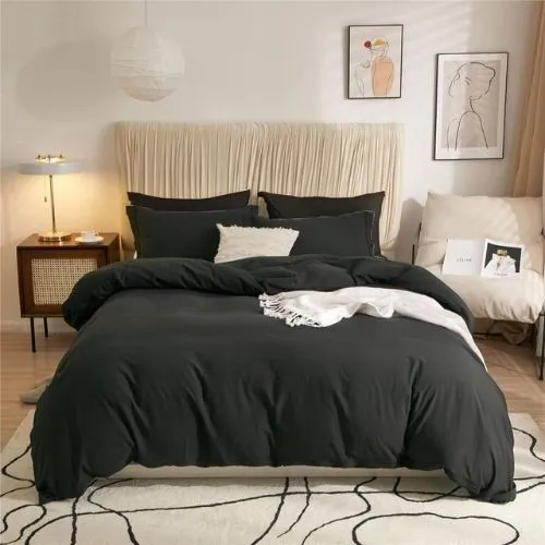 Washable Cotton 6 Piece King Size Duvet Cover Plain Design, Plain Black Color.