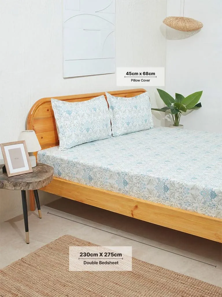 Westside Home Aqua Meadow Print Double Bed Flat Sheet and Pillowcase Set