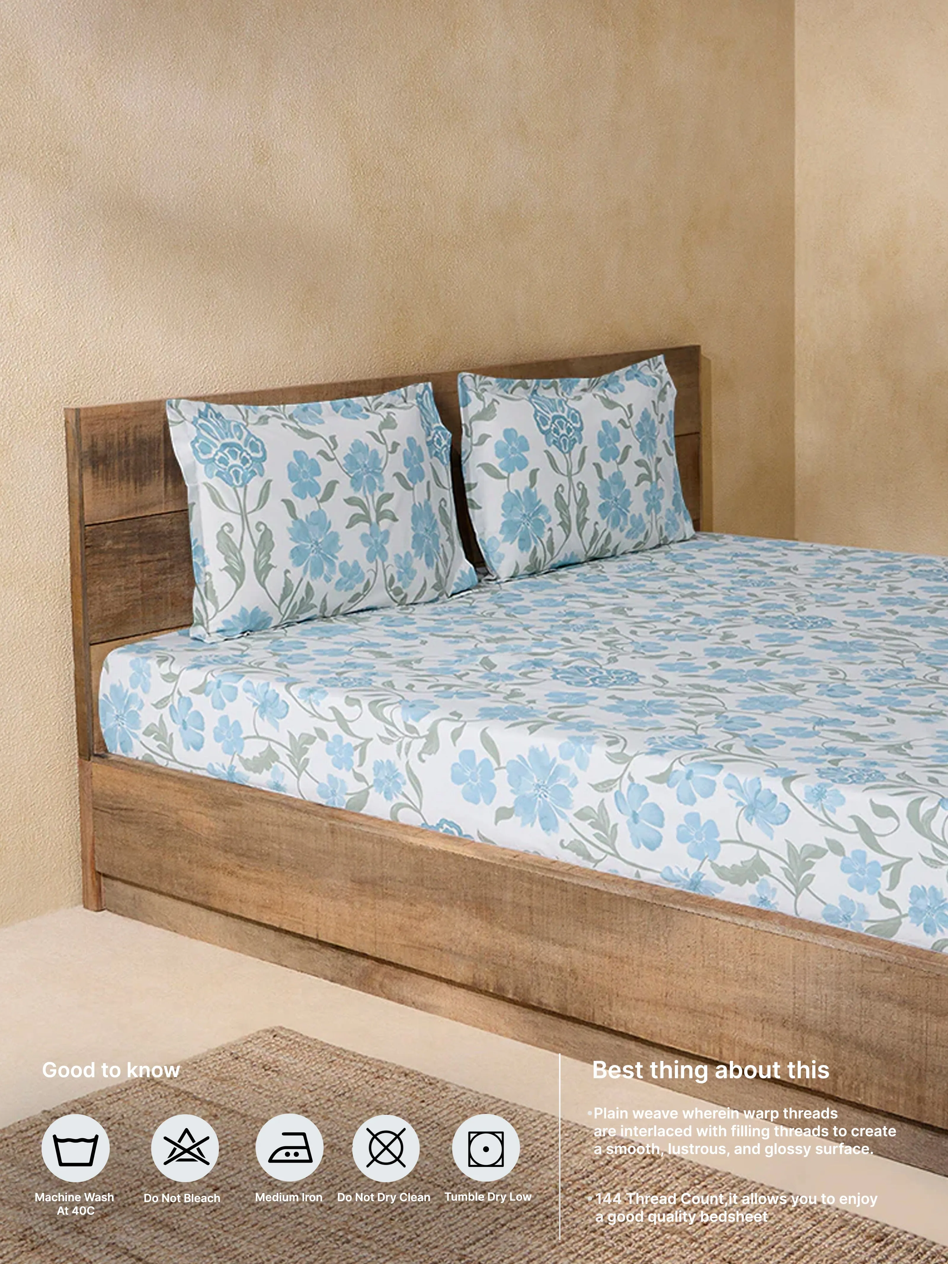 Westside Home Blue Floral Printed King Bed Fitted Sheet and Pillowcase Set