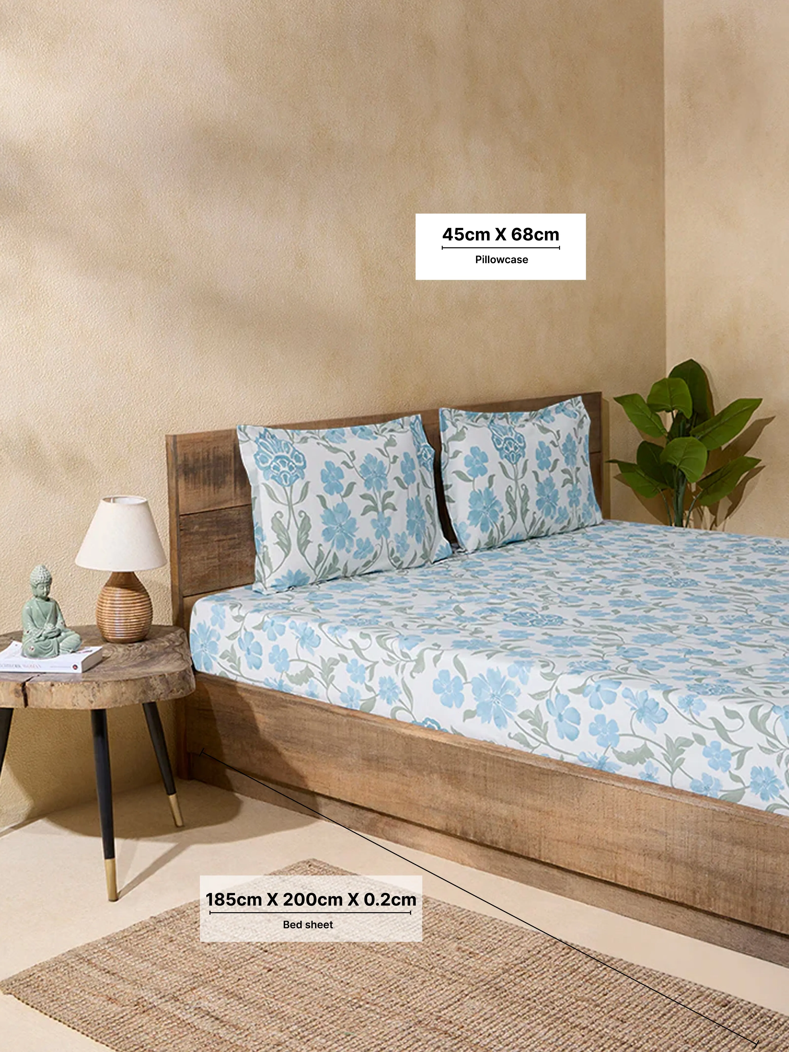 Westside Home Blue Floral Printed King Bed Fitted Sheet and Pillowcase Set